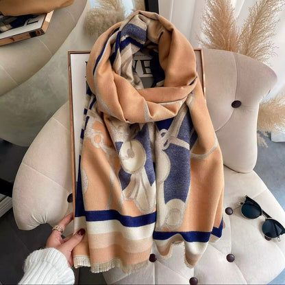 Luxury Women Limited Edition Horse Design Cashmere Touch Scarf - Warm Fringe Shawl