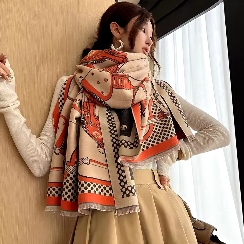 Luxury Women Limited Edition Horse Design Cashmere Touch Scarf - Warm Fringe Shawl