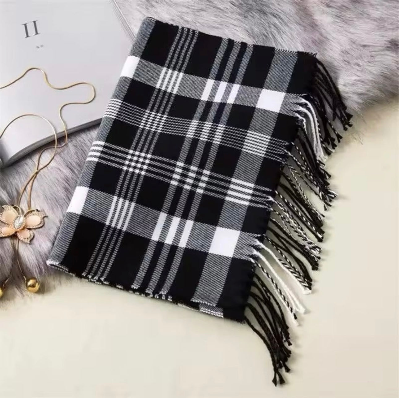 Men &  Women Checked Pattern Cashmere Touch Scarf - Warm Fringe Shawl