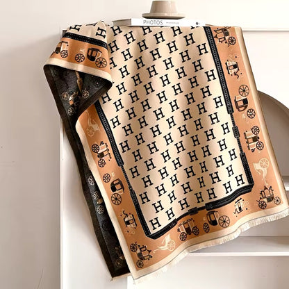 Luxury Women Limited Edition Horse Design Cashmere Touch Scarf - Warm Fringe Shawl