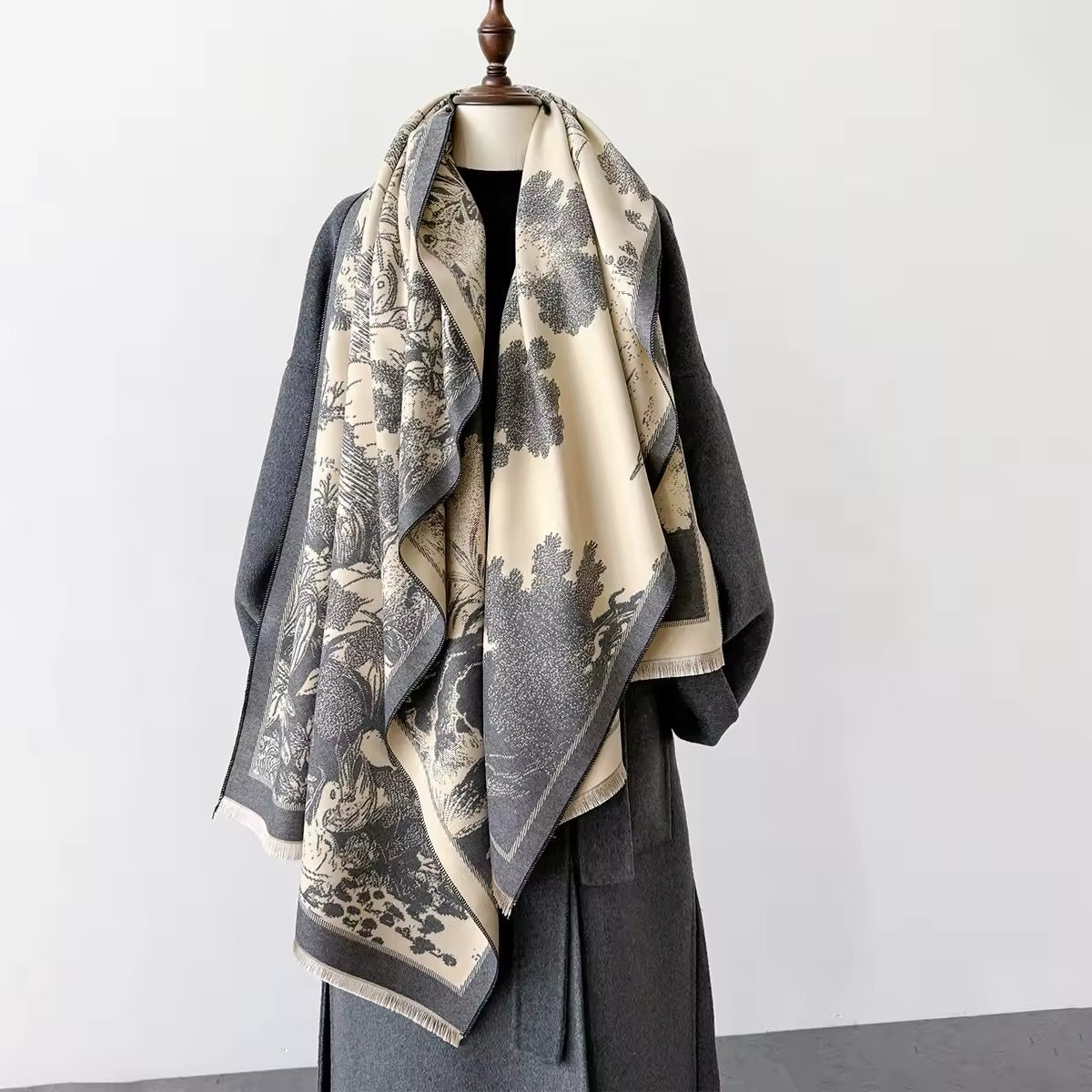 Luxury Women Floral Cashmere Touch Landscape Scarf - Warm Fringe Shawl