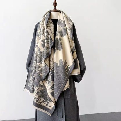 Luxury Women Floral Cashmere Touch Landscape Scarf - Warm Fringe Shawl