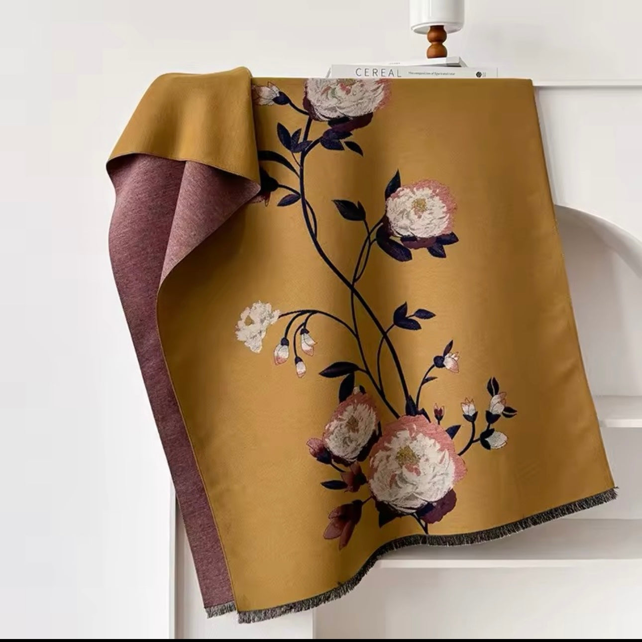 Luxury Women Floral Cashmere Touch Flower Scarf - Warm Fringe Shawl