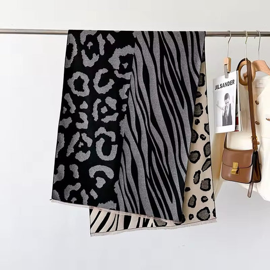 Tiger and Leopard Print Scarf Thickened Warm Cashmere Double Sided Shawl Women Allure