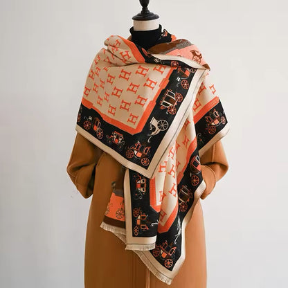Luxury Women Limited Edition Horse Design Cashmere Touch Scarf - Warm Fringe Shawl
