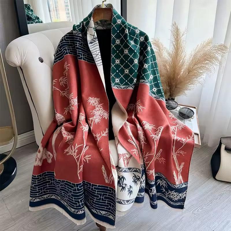 Luxury Women Floral Cashmere Touch Flower Scarf - Warm Fringe Shawl