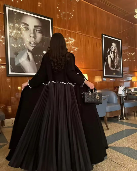 Pearl Women Split Abaya Cardigan Pleated Long Dress Kaftan Robe Open Front Jalabiya