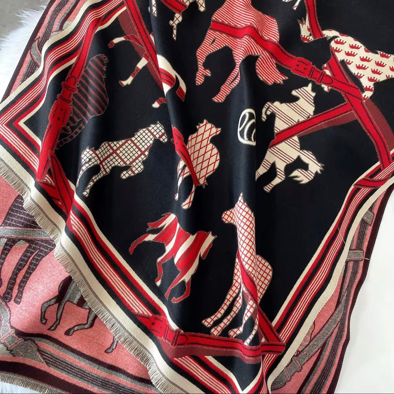 Luxury Women Limited Edition Horse Design Cashmere Touch Scarf - Warm Fringe Shawl