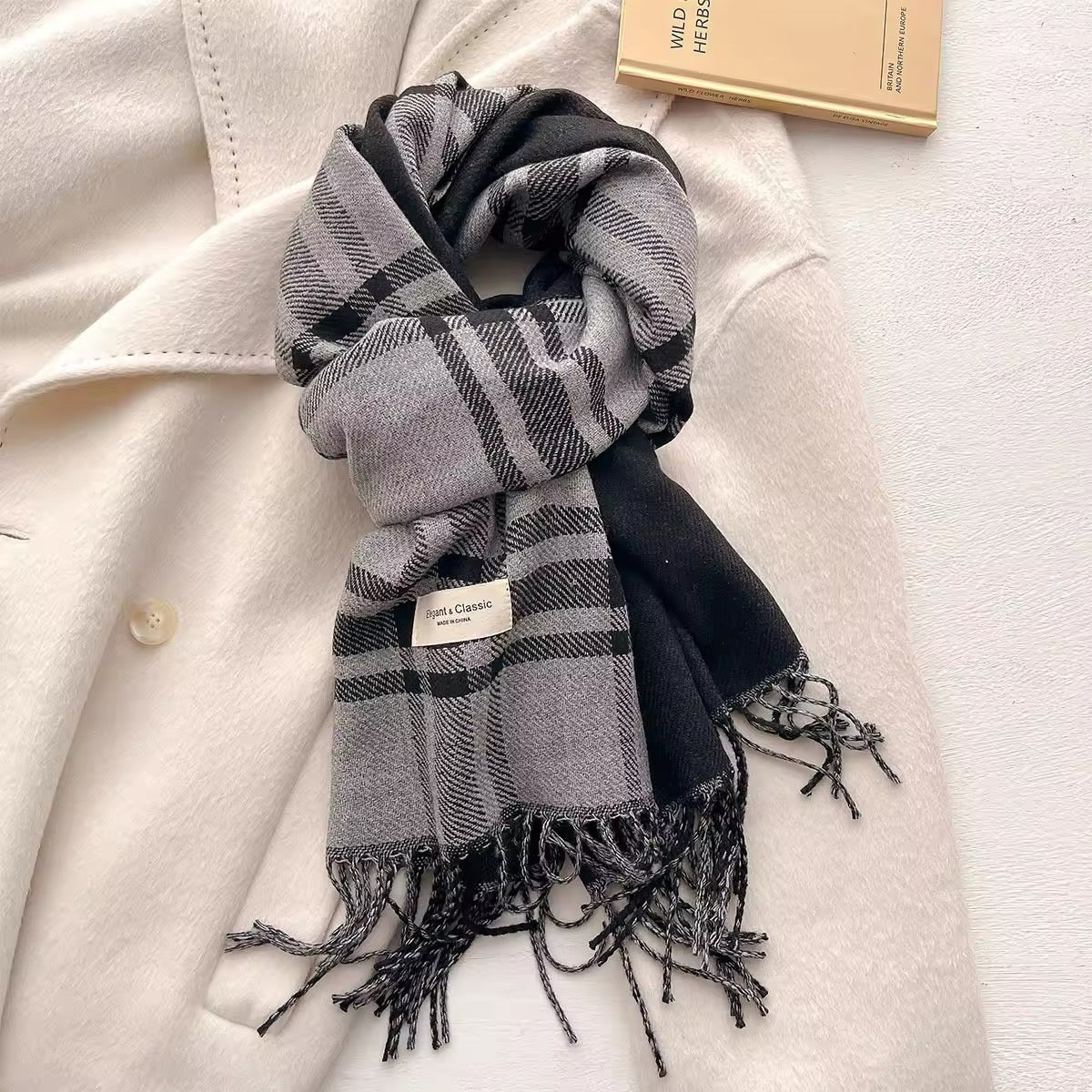 Men & Women Checked Pattern Cashmere Touch Scarf - Warm Fringe Shawl