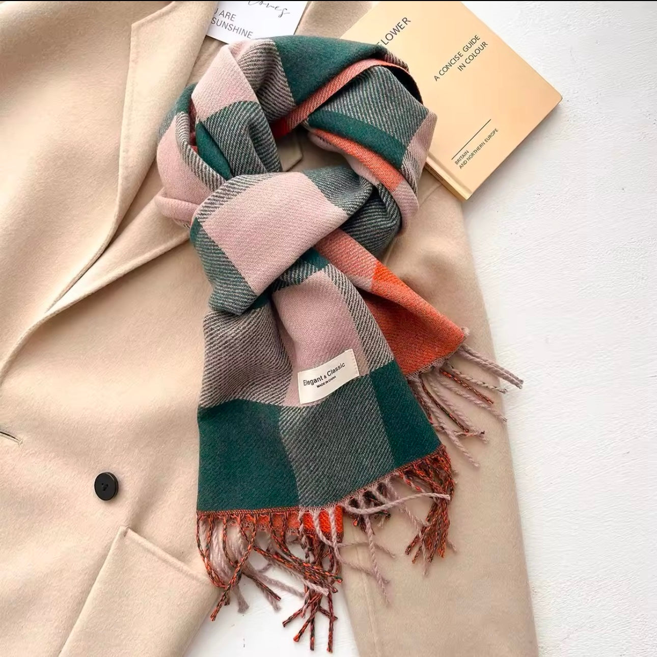 Men & Women Checked Pattern Cashmere Touch Scarf - Warm Fringe Shawl