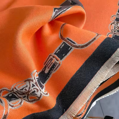 Luxury Women Limited Edition Horse Design Cashmere Touch Scarf - Warm Fringe Shawl