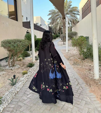 Women Split Abaya Vintage Printed Design Lapel Long Sleeved Loose Big Collar Tied Open Front Burqa