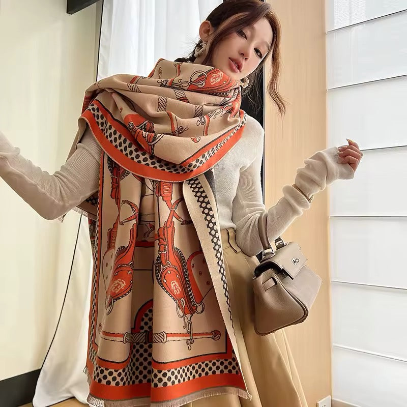 Luxury Women Limited Edition Horse Design Cashmere Touch Scarf - Warm Fringe Shawl