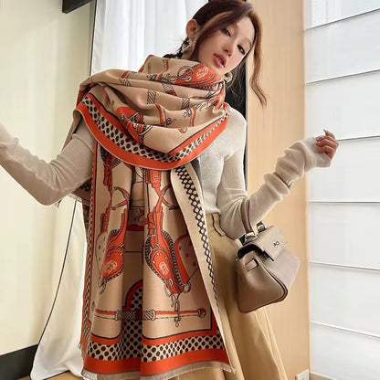 Luxury Women Limited Edition Horse Design Cashmere Touch Scarf - Warm Fringe Shawl