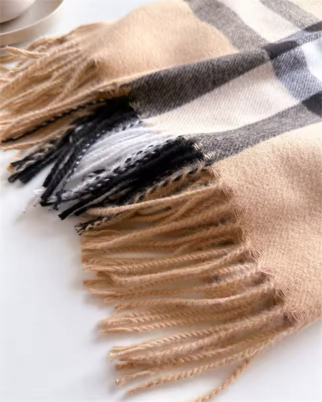Men & Women Checked Pattern Cashmere Touch Scarf - Warm Fringe Shawl