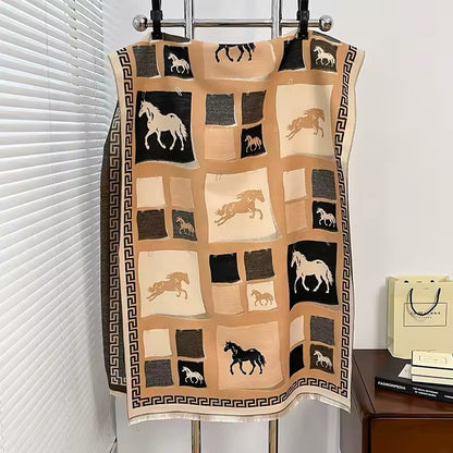 Luxury Women Limited Edition Horse Design Cashmere Touch Scarf - Warm Fringe Shawl