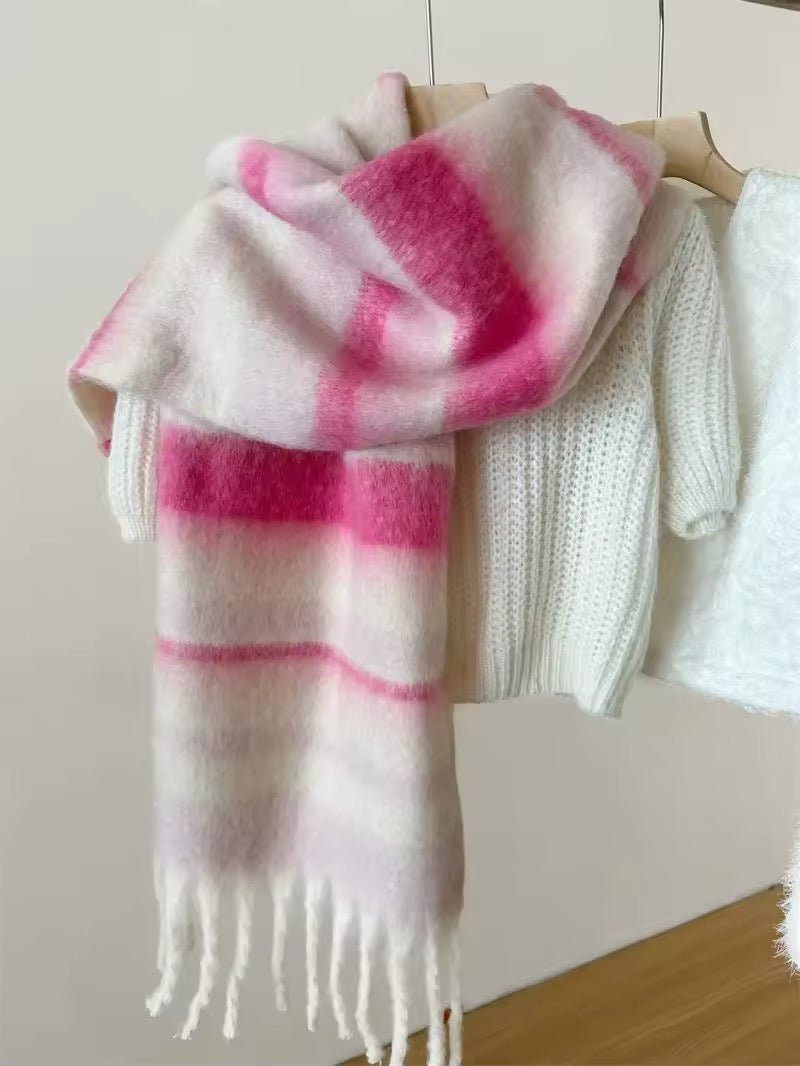 Women & Men Wool Scarf Winter High-End Autumn Winter Versatile Mohair Thickened Striped Meridian Shawl Women Woollen