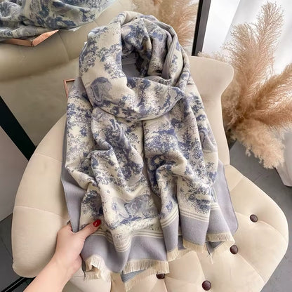 Luxury Women Floral Cashmere Touch Flower Scarf - Warm Fringe Shawl