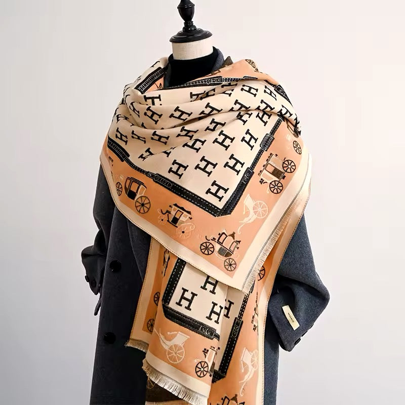 Luxury Women Limited Edition Horse Design Cashmere Touch Scarf - Warm Fringe Shawl