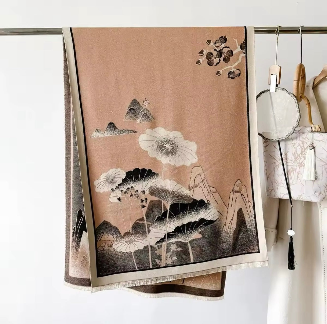 Luxury Women Floral Cashmere Touch Landscape Scarf - Warm Fringe Shawl