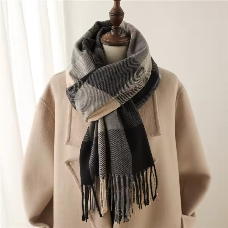 Men & Women Checked Pattern Cashmere Touch Scarf - Warm Fringe Shawl