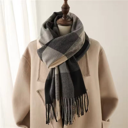 Men & Women Checked Pattern Cashmere Touch Scarf - Warm Fringe Shawl