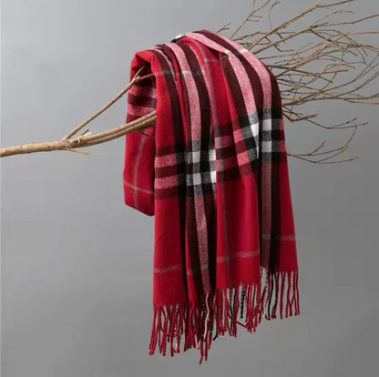 Men & Women Checked Pattern Cashmere Touch Scarf - Warm Fringe Shawl