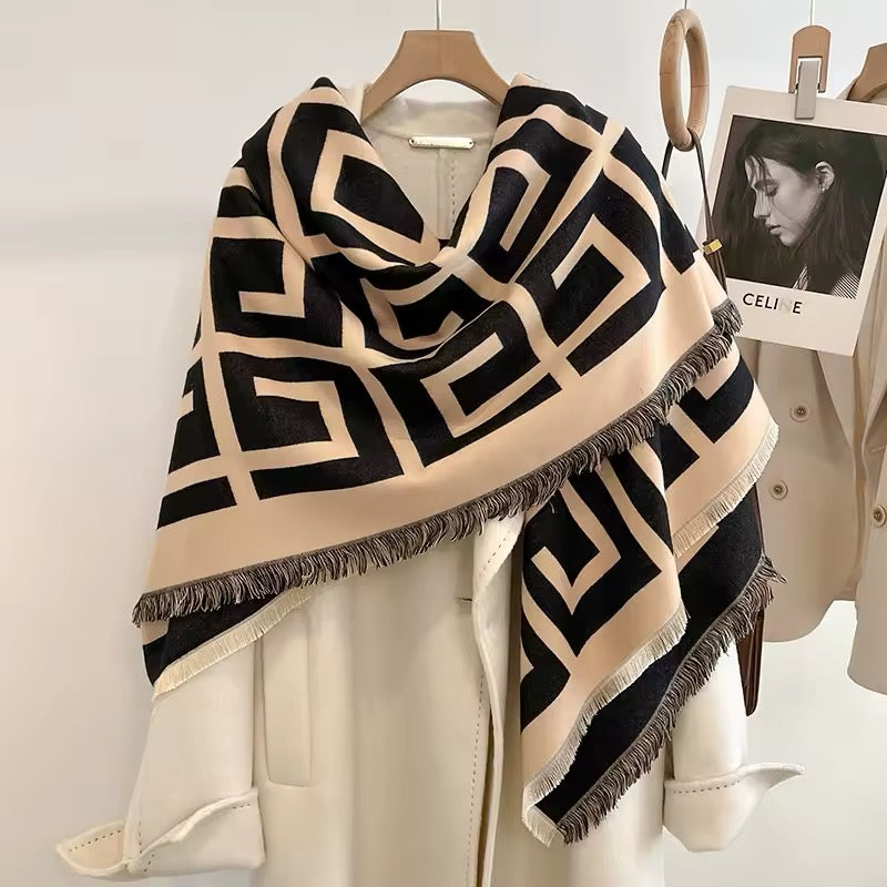 Women Luxurious Cashmere Touch Scarf - Warm Fringe Shawl