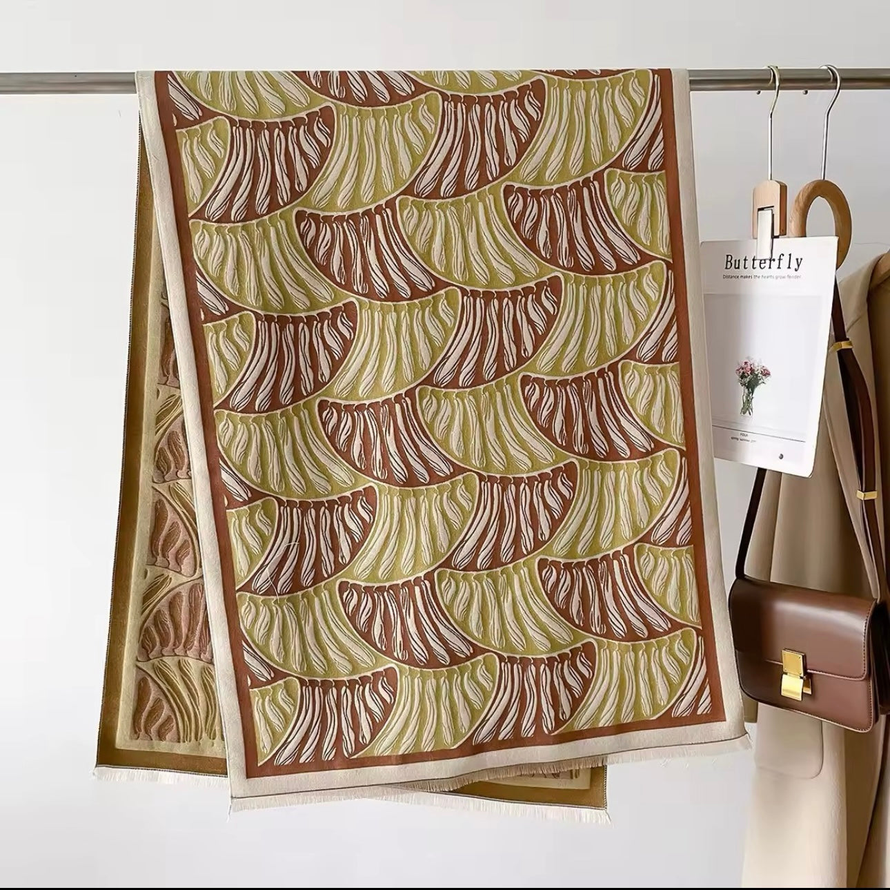 Luxury Women Floral Cashmere Touch Leaves Scarf - Warm Fringe Shawl