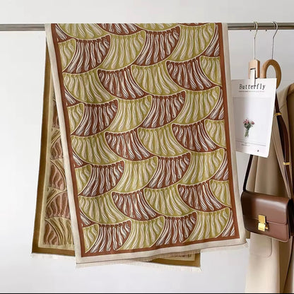 Luxury Women Floral Cashmere Touch Leaves Scarf - Warm Fringe Shawl