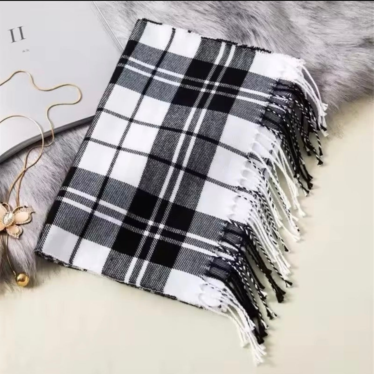 Men &  Women Checked Pattern Cashmere Touch Scarf - Warm Fringe Shawl