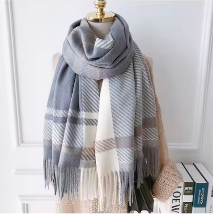 Men & Women Checked Pattern Cashmere Touch Scarf - Warm Fringe Shawl