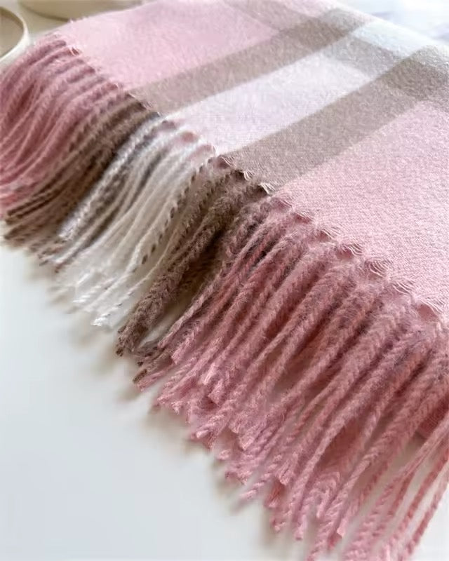 Men & Women Checked Pattern Cashmere Touch Scarf - Warm Fringe Shawl