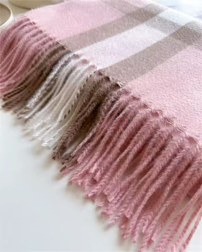Men & Women Checked Pattern Cashmere Touch Scarf - Warm Fringe Shawl