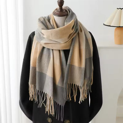 Men & Women Checked Pattern Cashmere Touch Scarf - Warm Fringe Shawl