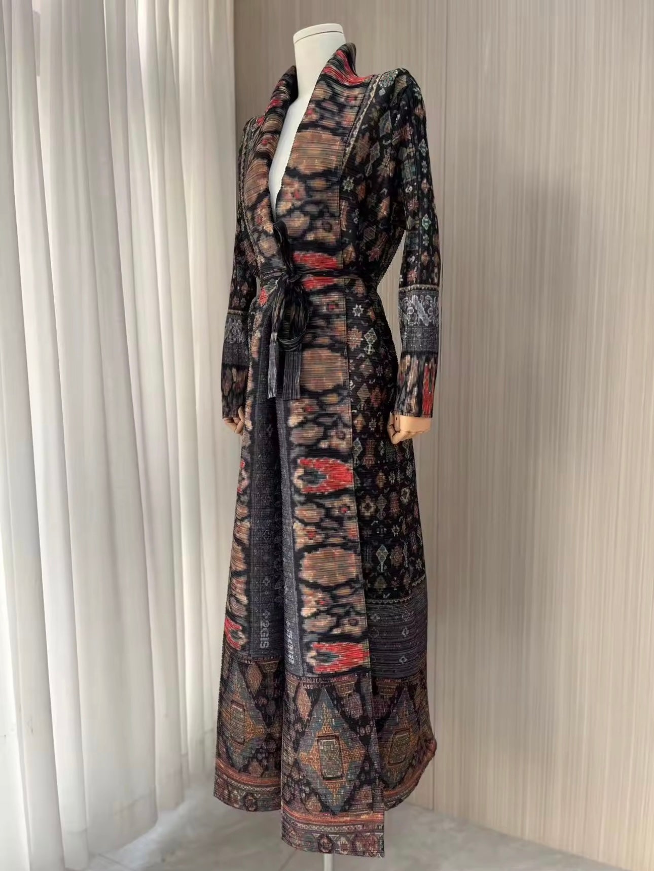 Women Split Abaya Vintage Printed Design Lapel Long Sleeved Open Front Cardigan Loose Big Collar