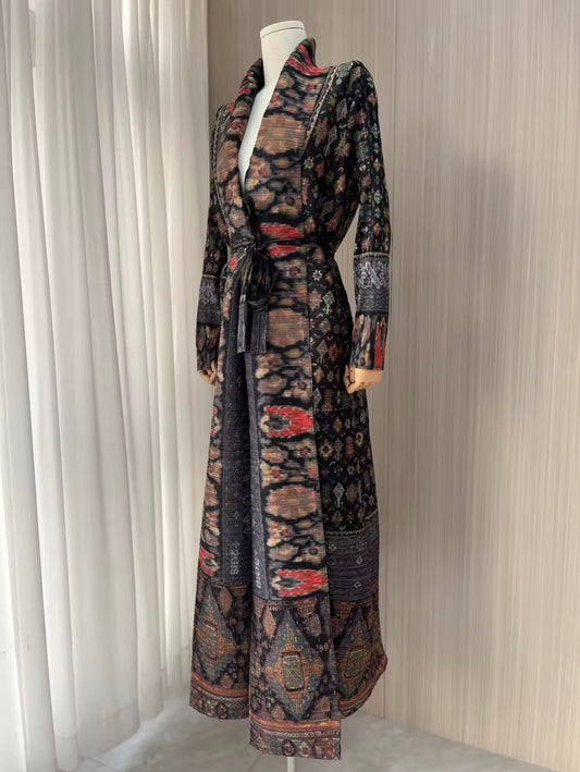 Women Split Abaya Vintage Printed Design Lapel Long Sleeved Open Front Cardigan Loose Big Collar