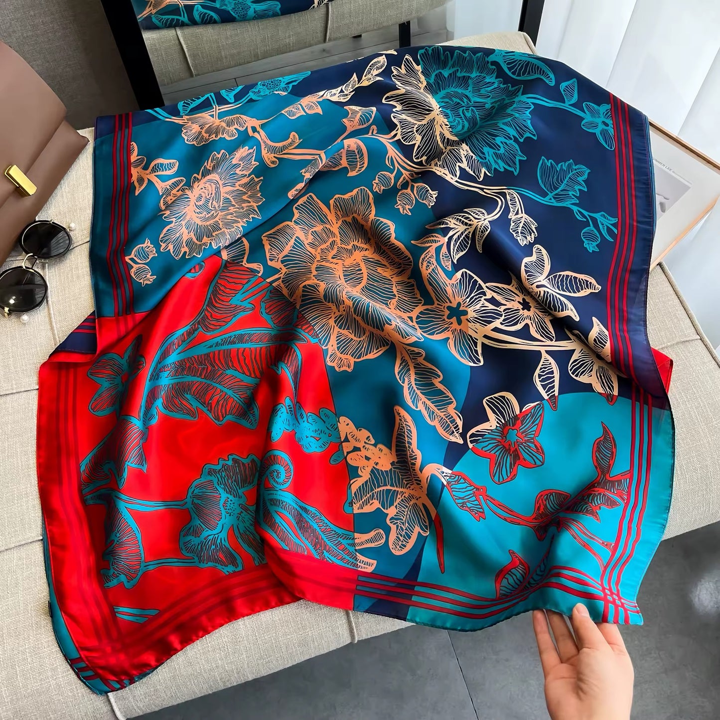 Satin Shawls Autumn Colour Print Luxury Silk Scarf Scarves Women Silk Satin