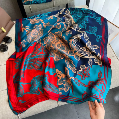 Satin Shawls Autumn Colour Print Luxury Silk Scarf Scarves Women Silk Satin