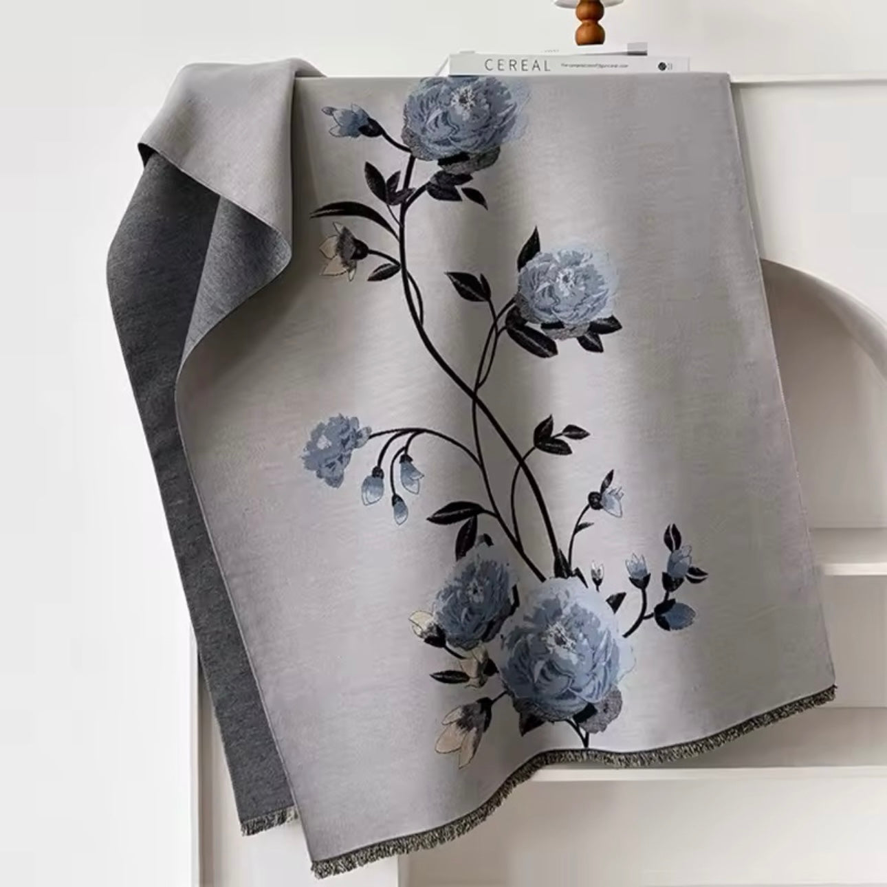 Luxury Women Floral Cashmere Touch Flower Scarf - Warm Fringe Shawl