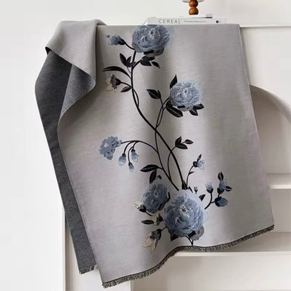 Luxury Women Floral Cashmere Touch Flower Scarf - Warm Fringe Shawl