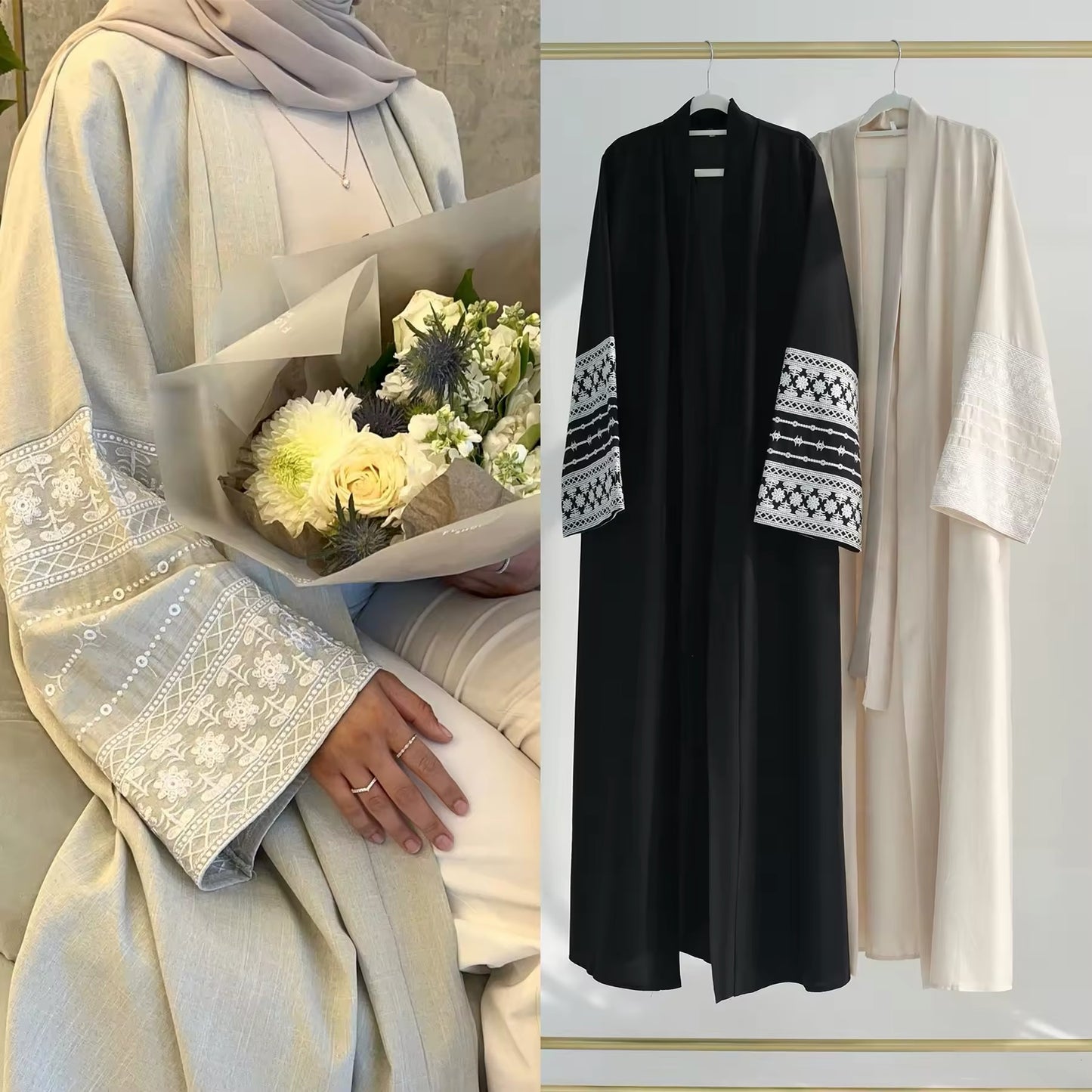 Women Split Abaya Fashion Embroidery Kimono Oversized Open Front Robe Syari Full Length Outerwear With Belt