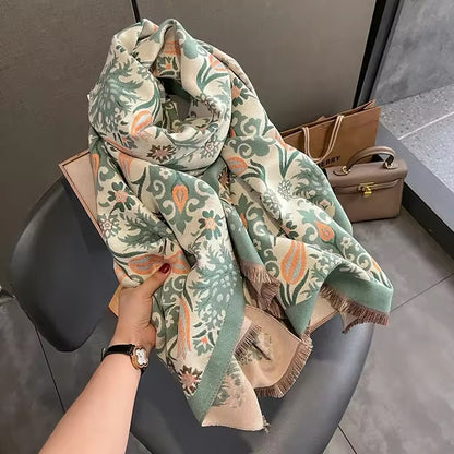 Luxury Women Classic Pashmina Double Sided Cashmere Touch Scarf - Warm Fringe Women Floral Shawl