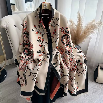 Luxury Women Floral Cashmere Touch Flower Scarf - Warm Fringe Shawl