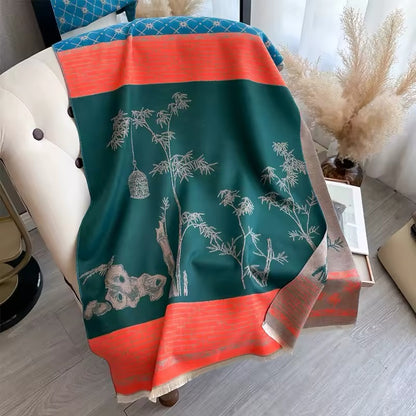 Luxury Women Floral Cashmere Touch Flower Scarf - Warm Fringe Shawl