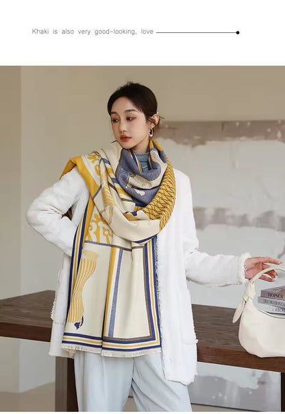 Luxury Women Limited Edition Horse Design Cashmere Touch Scarf - Warm Fringe Shawl