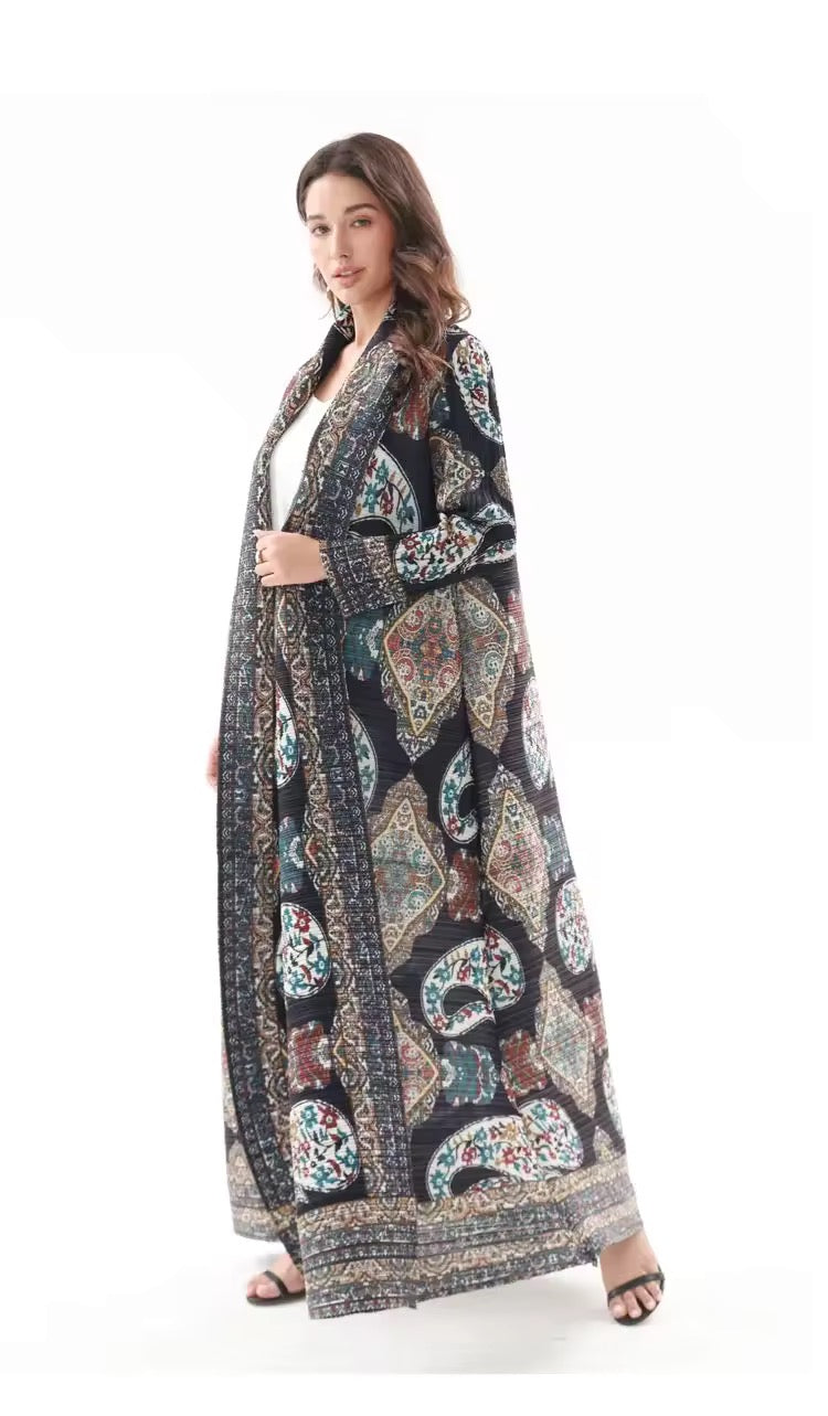 Women Split Abaya Vintage Printed Design Lapel Long Sleeved Open Front Cardigan Loose Big Collar