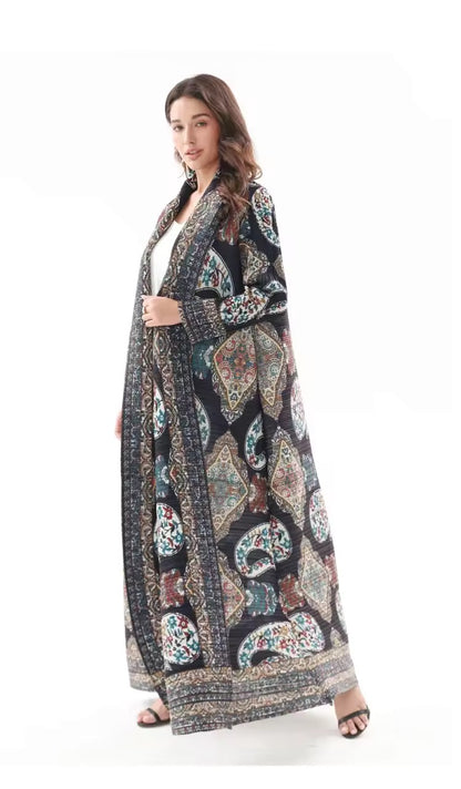 Women Split Abaya Vintage Printed Design Lapel Long Sleeved Open Front Cardigan Loose Big Collar
