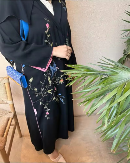 Women Split Abaya Vintage Printed Design Lapel Long Sleeved Loose Big Collar Tied Open Front Burqa