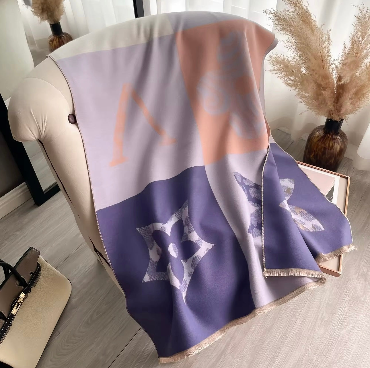 Luxury Women Floral Cashmere Touch Flower Scarf - Warm Fringe Shawl